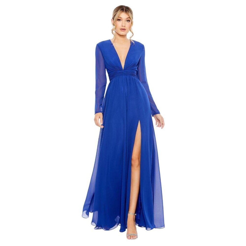 NWT Ieena by Mac Duggal Twist Sheer Long Sleeve Maxi Dress Gown Sapphire Blue 10